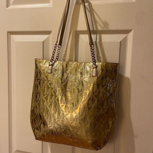 MICHAEL KORS LEATHER MEDIUM TOTE BAG GOLD COLOR MONOGRAM - Picture 2 of 15